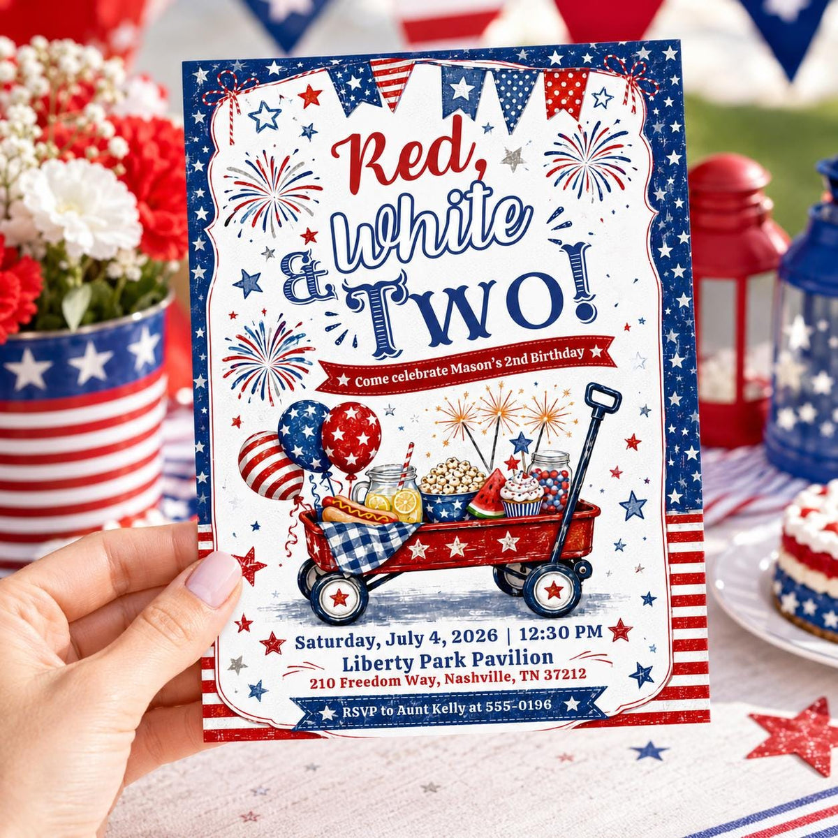 Watercolor Red White and Two Birthday Invitation — digital invitation, instant download