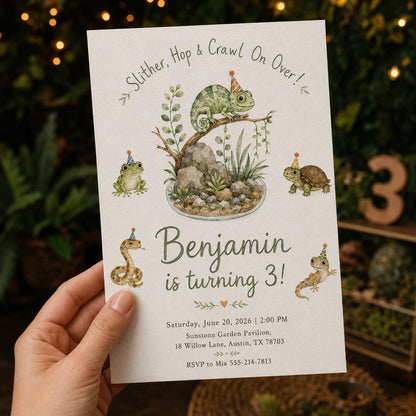 Watercolor Reptile 3rd Birthday Invitation — turtle design
