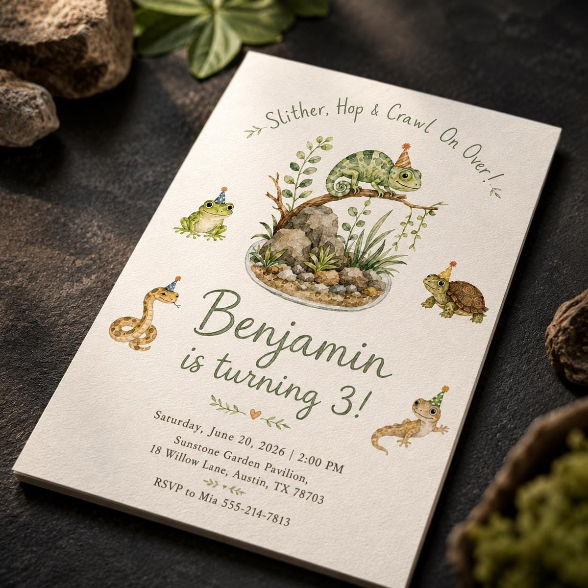 Watercolor Reptile 3rd Birthday Invitation — print-ready 3rd birthday party design from VoltBy
