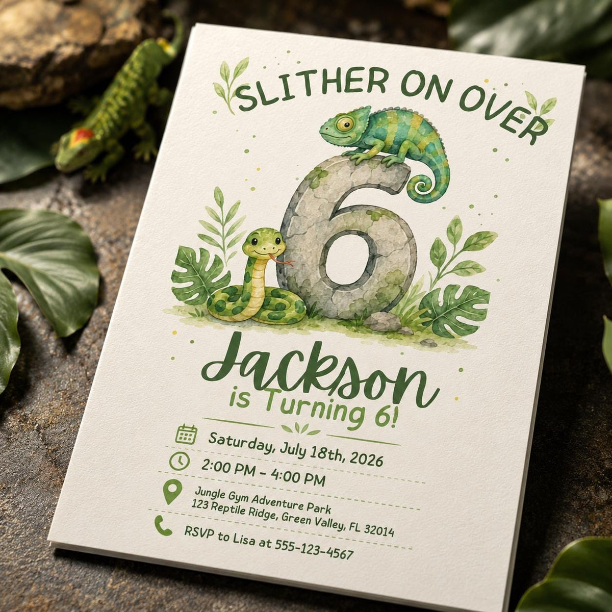 Watercolor Reptile 6th Birthday Invitation — digital invitation, instant download