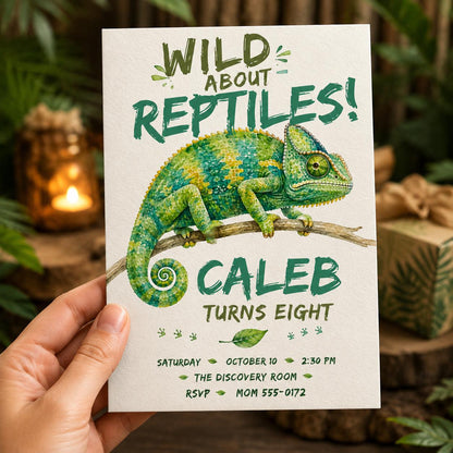 Watercolor Reptile 8th Birthday Invitation — print-ready 8th birthday party design from VoltBy