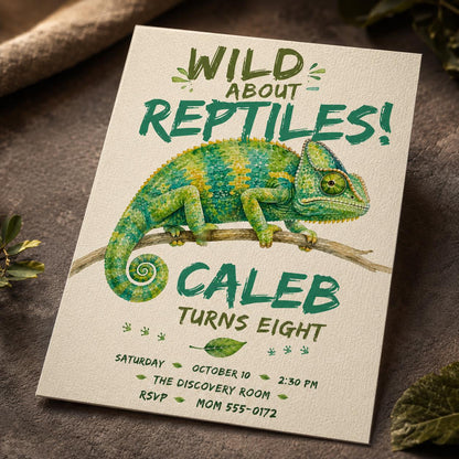 Watercolor Reptile 8th Birthday Invitation — 8th birthday party stationery by VoltBy