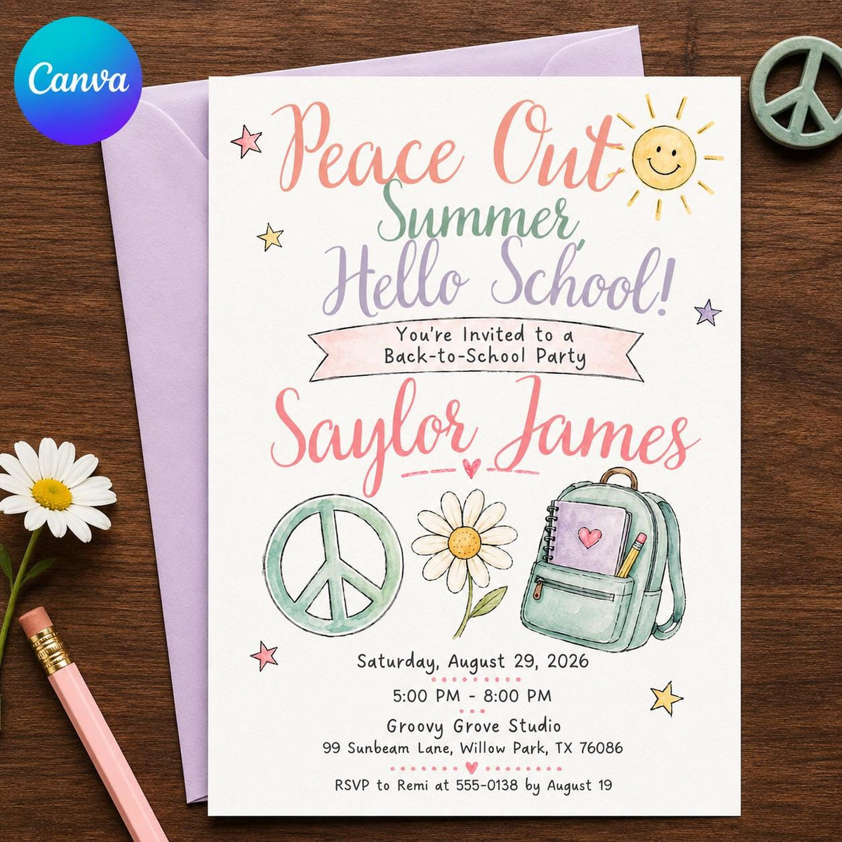 Watercolor Retro Back to School Party Invitation for Girls — editable Canva template
