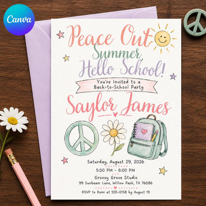 Watercolor Retro Back to School Party Invitation for Girls — editable Canva template