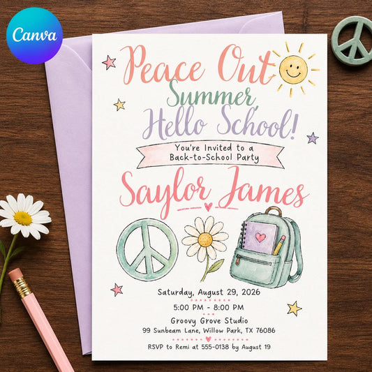 Watercolor Retro Back to School Party Invitation for Girls — editable Canva template