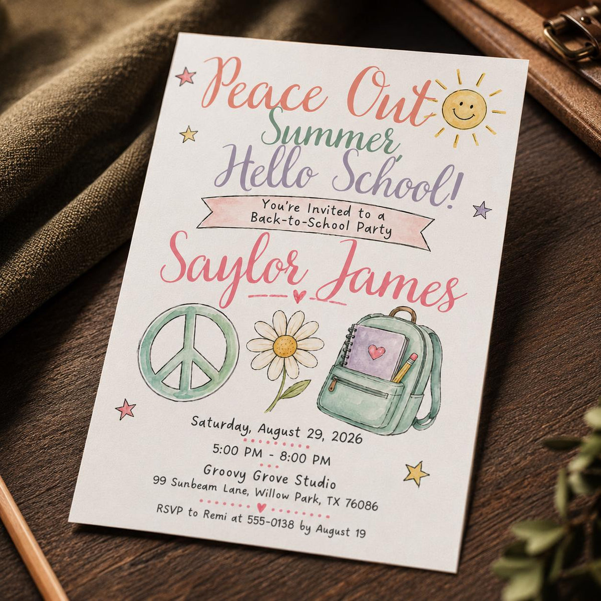Watercolor Retro Back to School Party Invitation for Girls — invitation you personalize in Canva