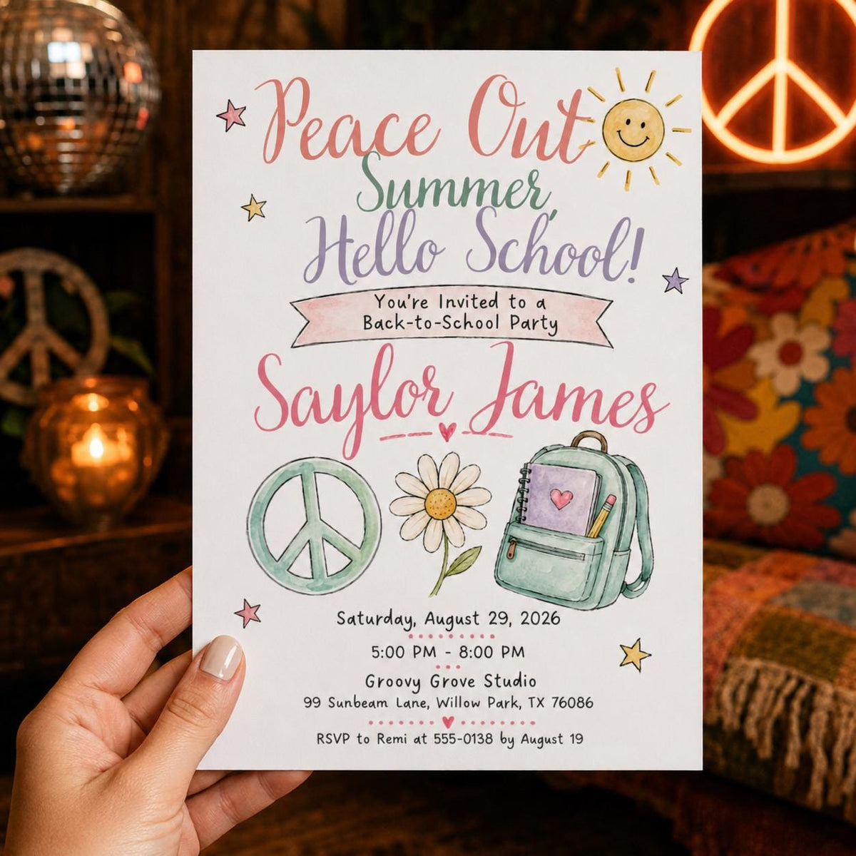 Watercolor Retro Back to School Party Invitation for Girls — print-ready back-to-school event design from VoltBy