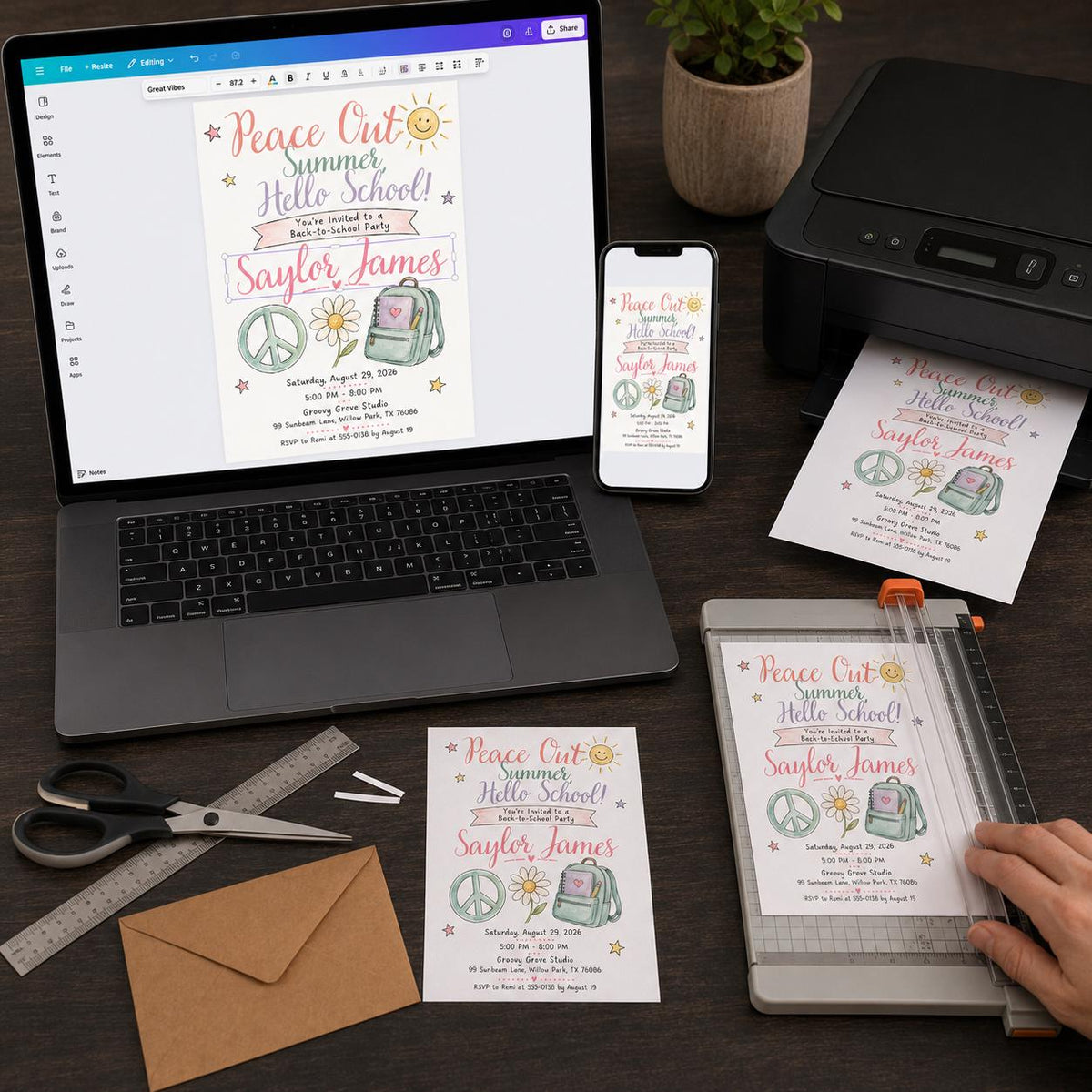 Watercolor Retro Back to School Party Invitation for Girls — digital invitation, instant download