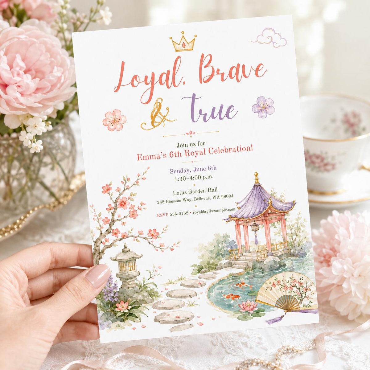 Watercolor Royal Celebration Invitation for Girls — print-ready 6th birthday party design from VoltBy