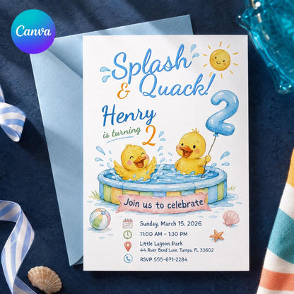 Watercolor Rubber Duck 2nd Birthday Invitation — editable Canva template
