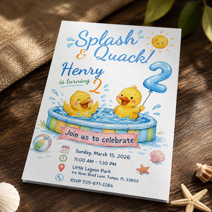 Watercolor Rubber Duck 2nd Birthday Invitation — pool design