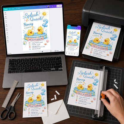 Watercolor Rubber Duck 2nd Birthday Invitation — digital invitation, instant download