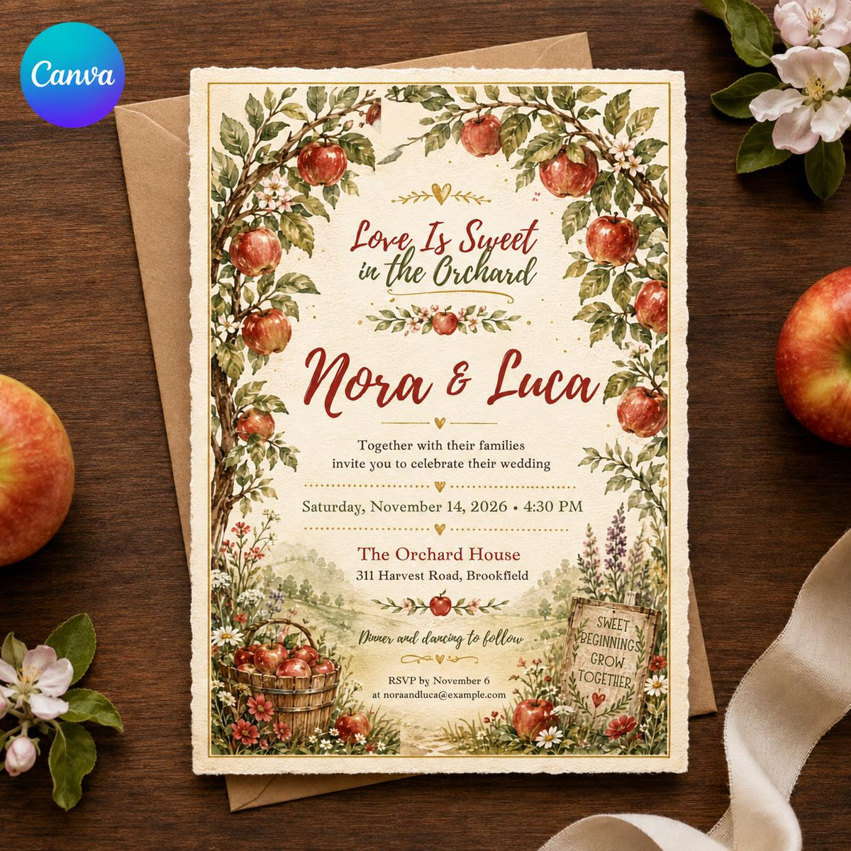 Watercolor Rustic Apple Orchard Wedding Invitation — editable Canva template