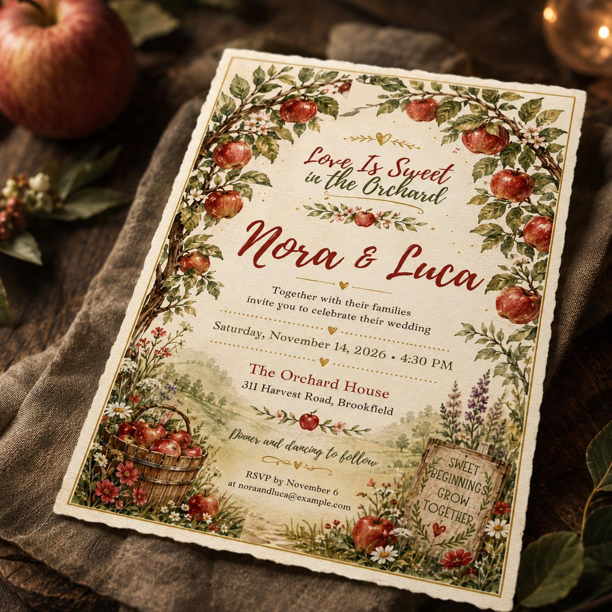 Watercolor Rustic Apple Orchard Wedding Invitation — invitation you personalize in Canva