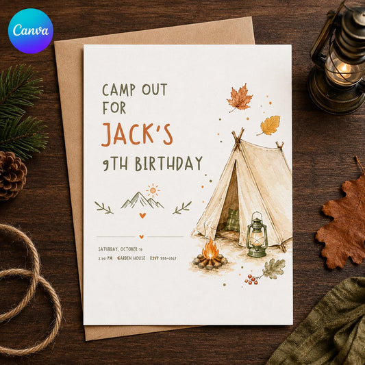 Watercolor Rustic Camping Birthday Invitation — editable Canva template