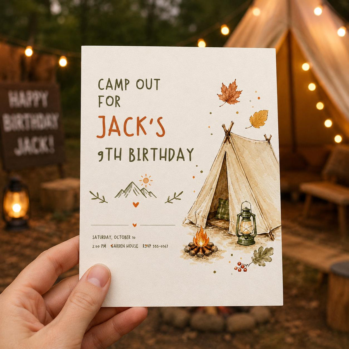 Watercolor Rustic Camping Birthday Invitation — print-ready birthday party design from VoltBy