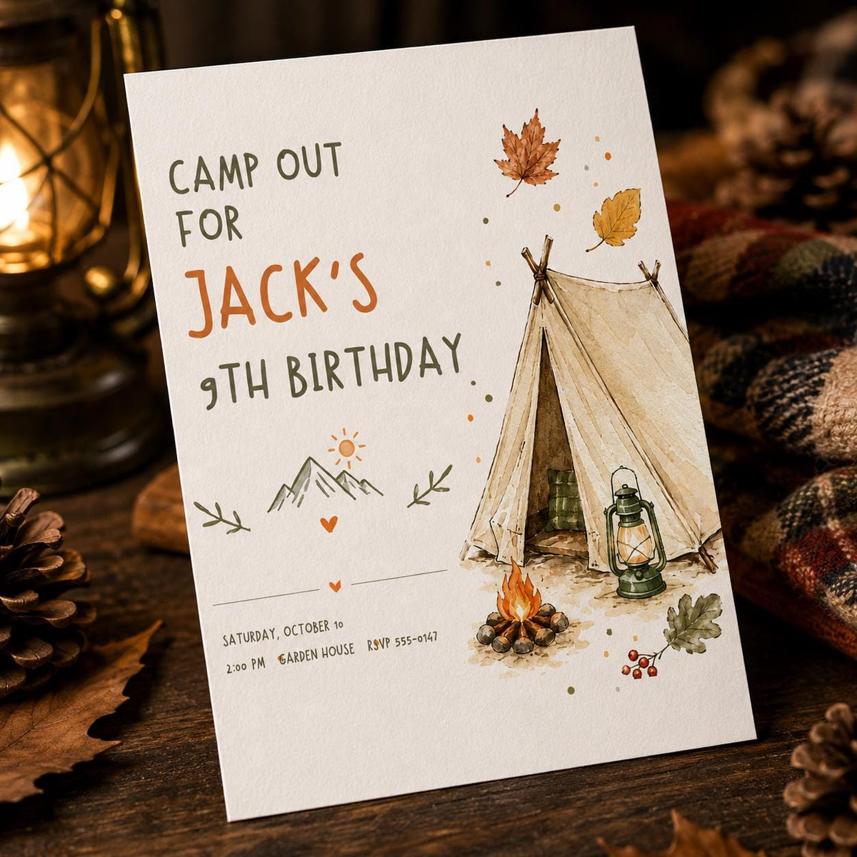 Watercolor Rustic Camping Birthday Invitation — birthday party stationery by VoltBy
