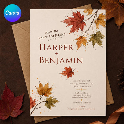 Watercolor Rustic Fall Wedding Invitation — editable Canva template