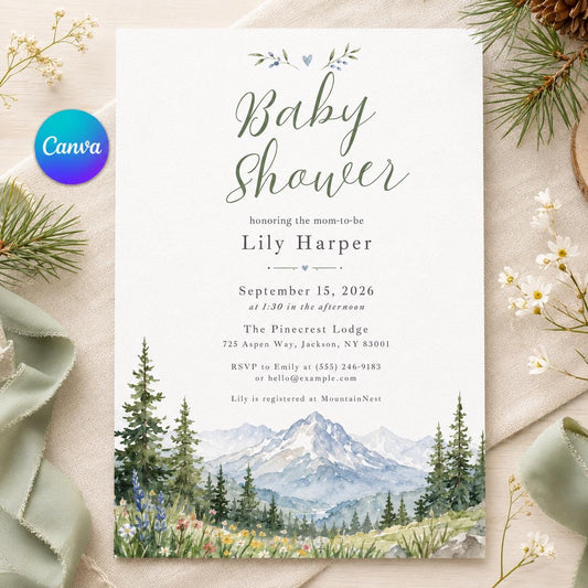 Watercolor Rustic Mountain Baby Shower Invitation — editable Canva template