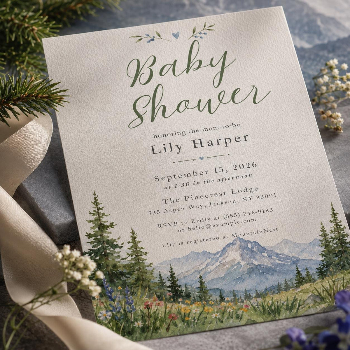 Watercolor Rustic Mountain Baby Shower Invitation — mountains and woodland design