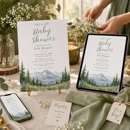 Watercolor Rustic Mountain Baby Shower Invitation — invitation you personalize in Canva