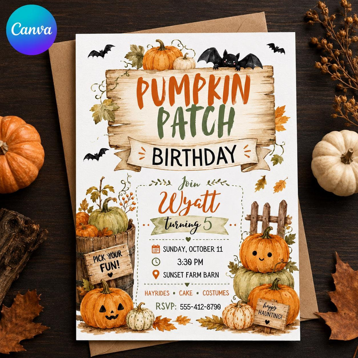 Watercolor Rustic Pumpkin Patch Birthday Invitation — editable Canva template
