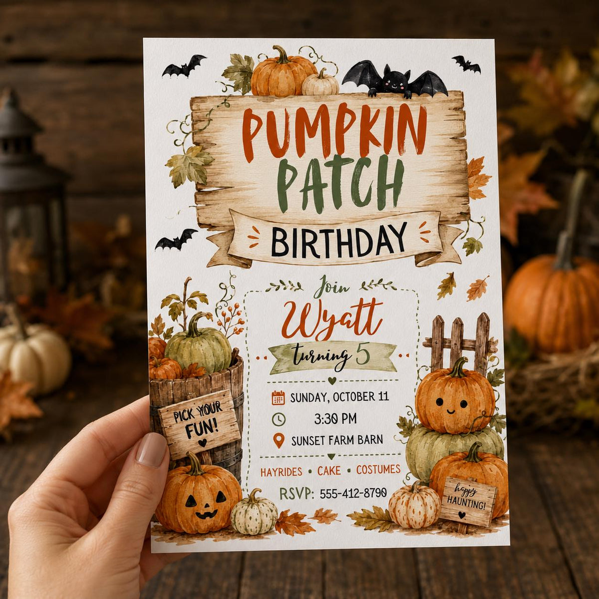 Watercolor Rustic Pumpkin Patch Birthday Invitation — invitation you personalize in Canva
