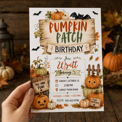 Watercolor Rustic Pumpkin Patch Birthday Invitation — invitation you personalize in Canva
