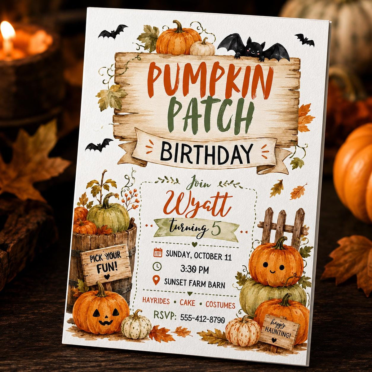 Watercolor Rustic Pumpkin Patch Birthday Invitation — digital invitation, instant download