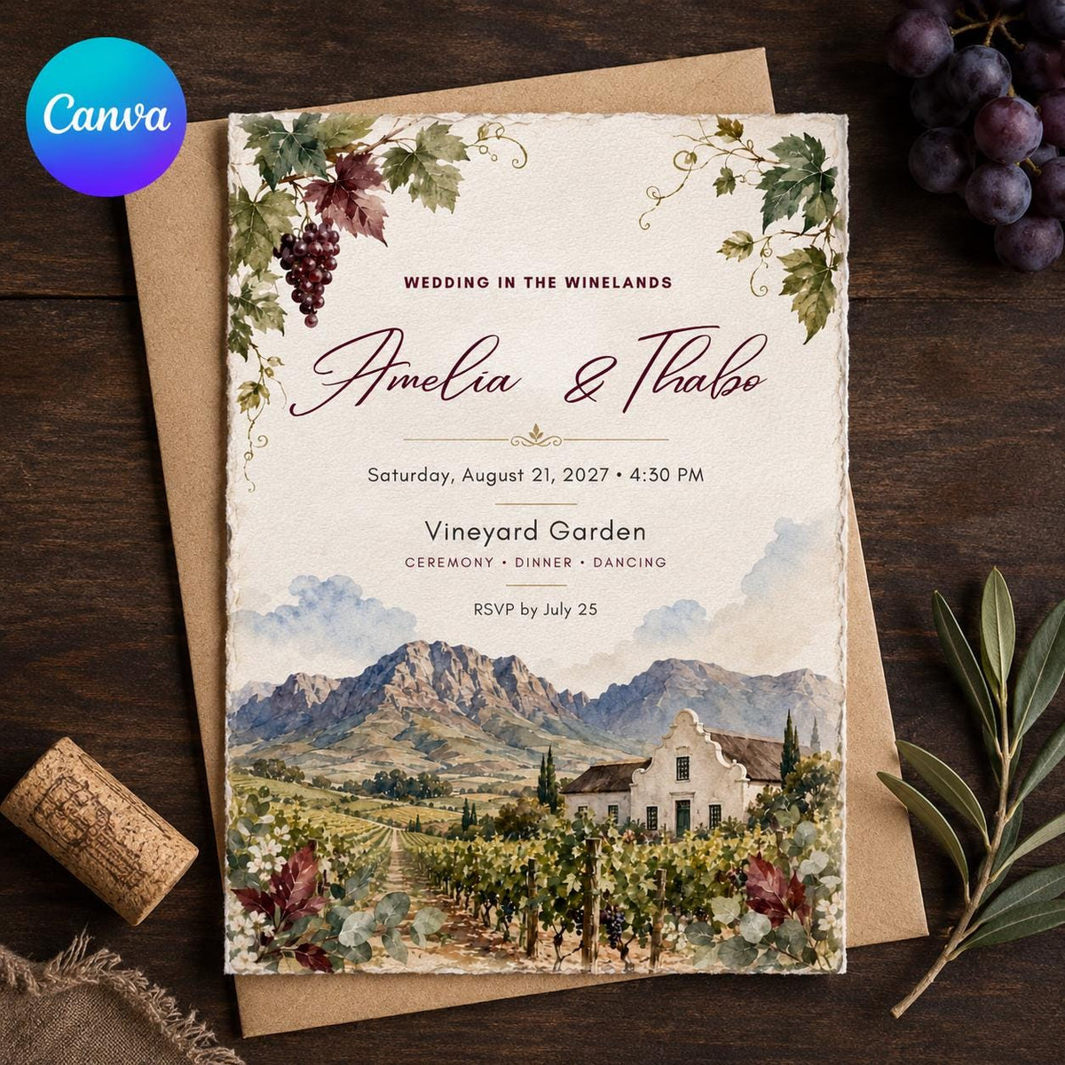 Watercolor Rustic Vineyard Wedding Invitation — editable Canva template