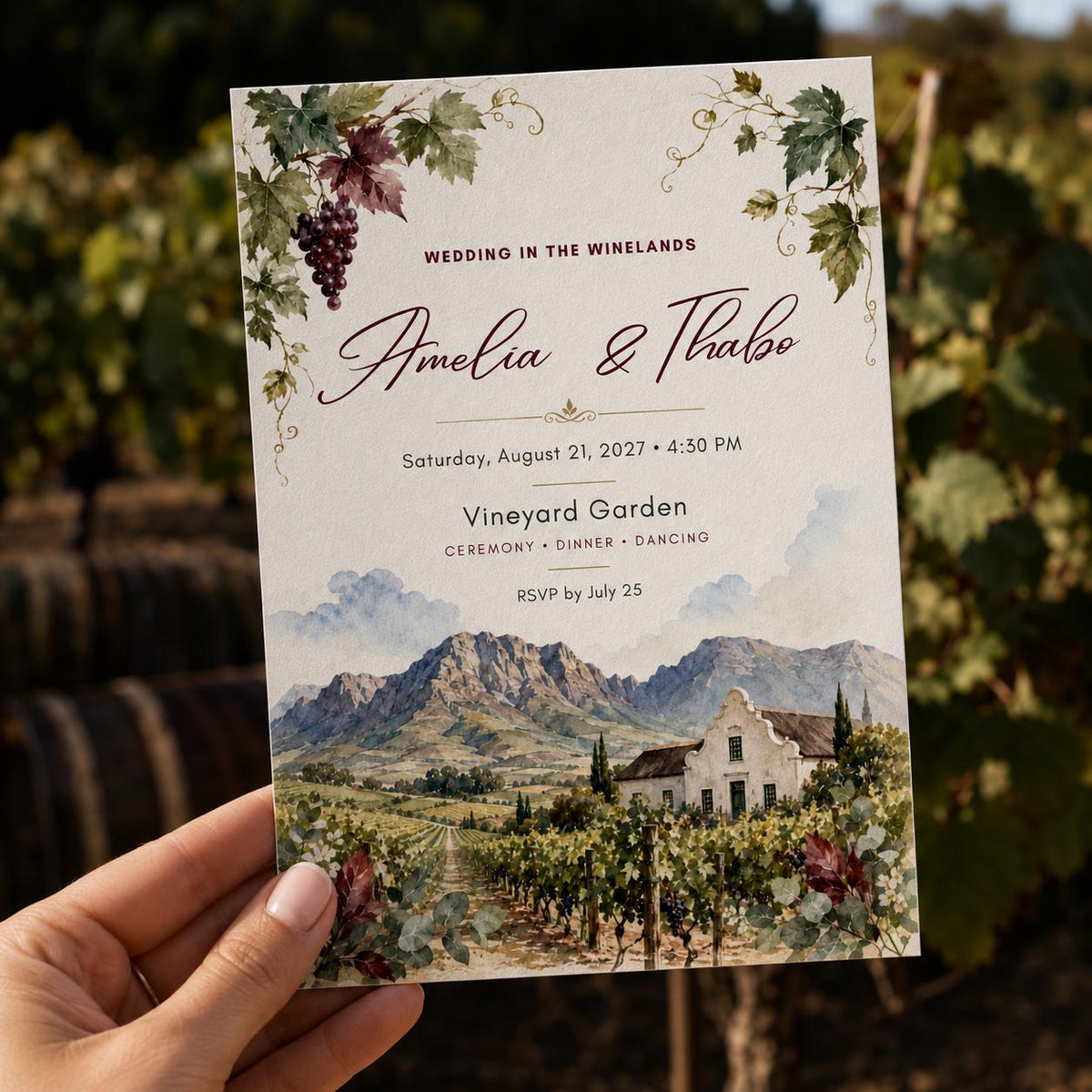 Watercolor Rustic Vineyard Wedding Invitation — invitation you personalize in Canva