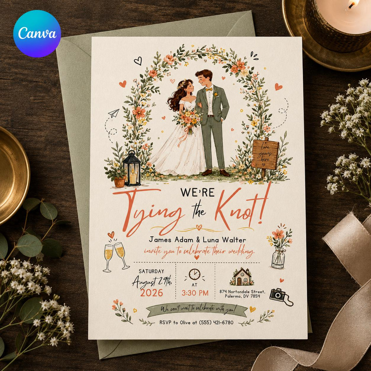 Watercolor Rustic Wedding Invitation — editable Canva template