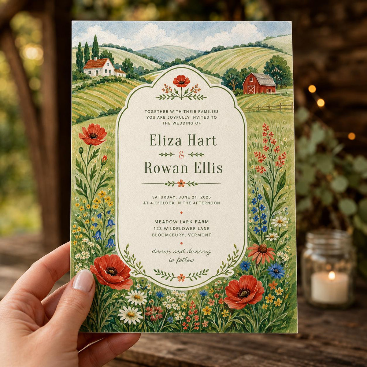 Watercolor Rustic Wildflower Wedding Invitation — invitation you personalize in Canva