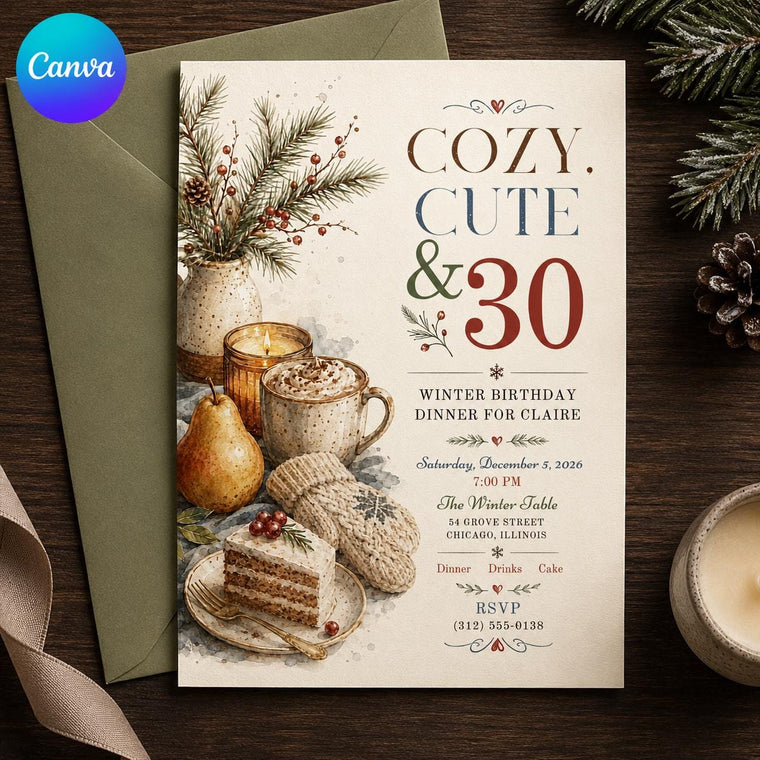 Watercolor Rustic Winter 30th Birthday Invitation