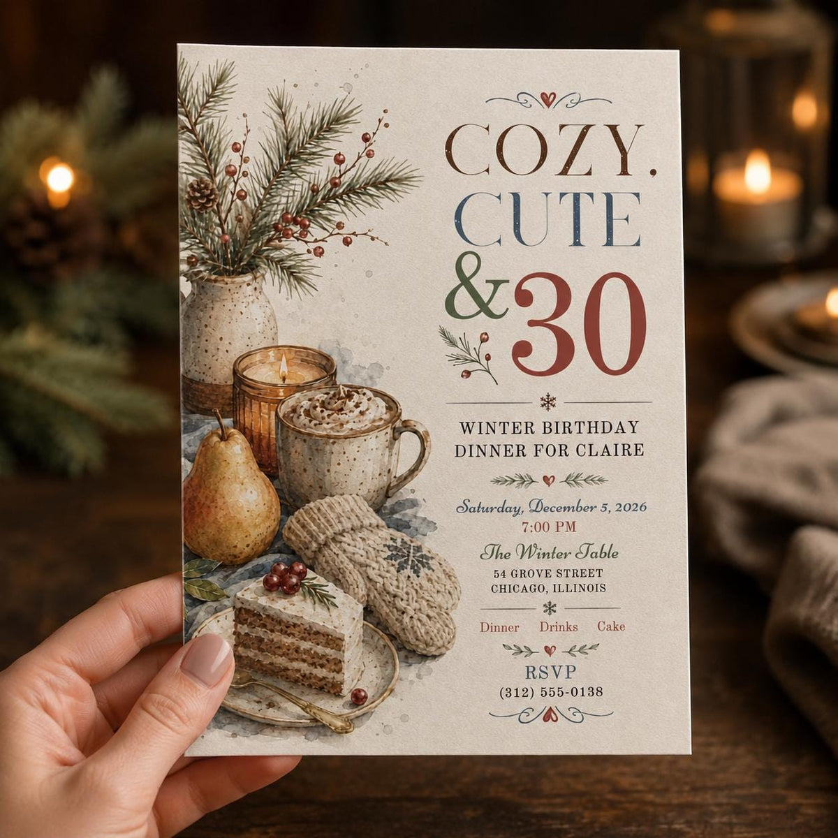 Watercolor Rustic Winter 30th Birthday Invitation — print-ready 30th birthday party design from VoltBy