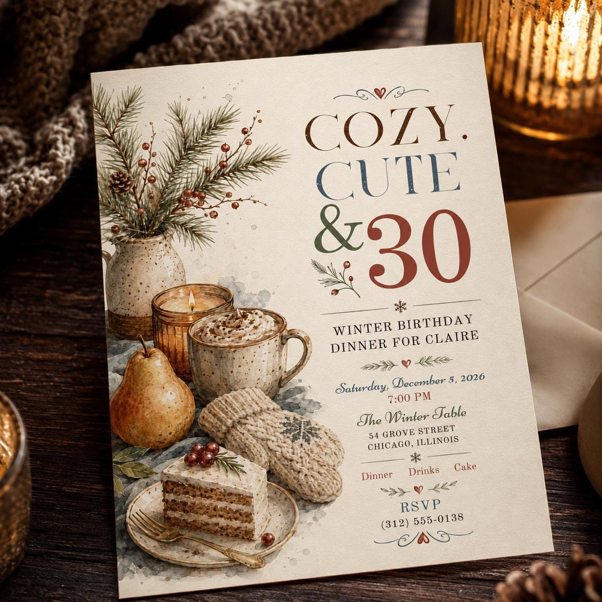 Watercolor Rustic Winter 30th Birthday Invitation — 30th birthday party stationery by VoltBy
