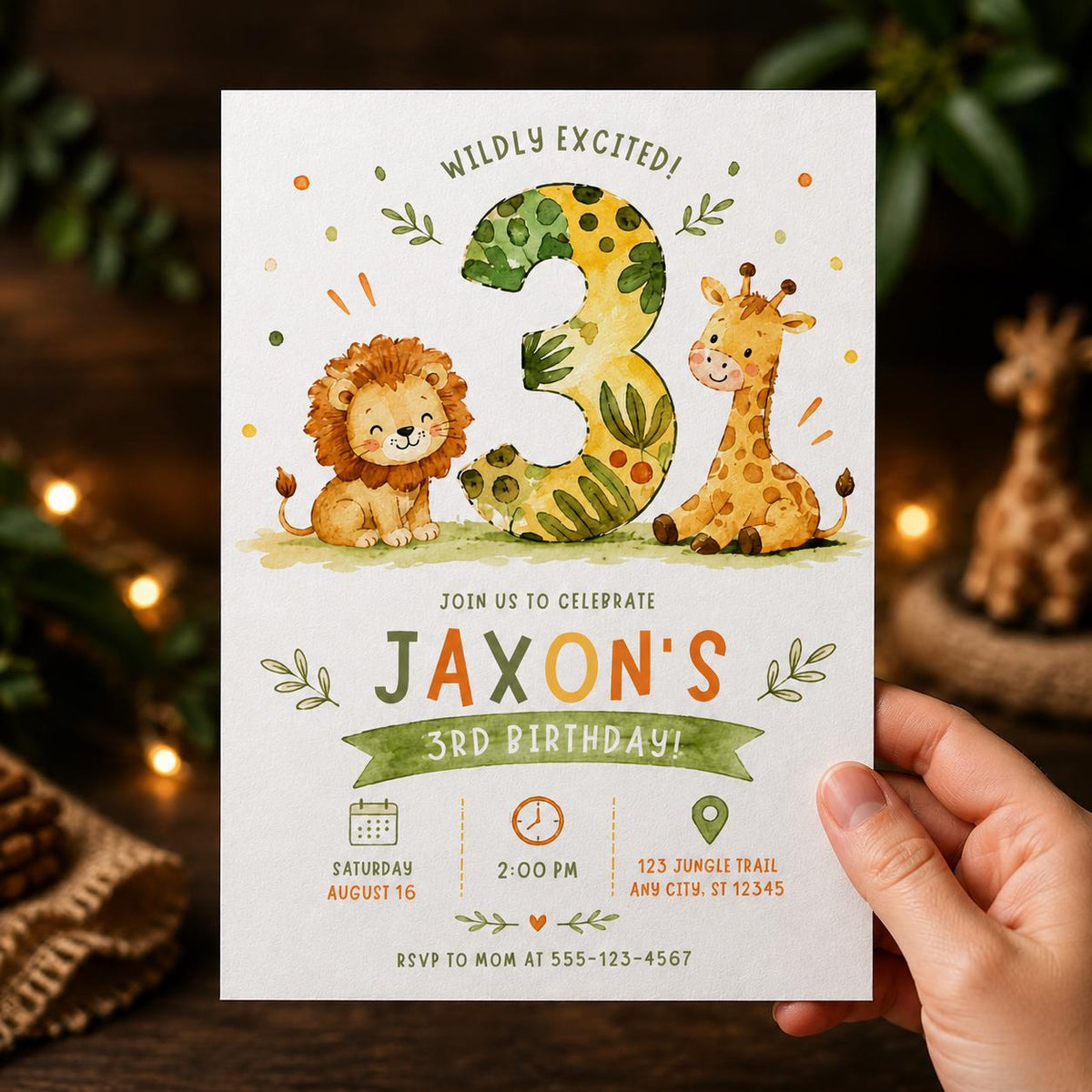 Watercolor Safari 3rd Birthday Invitation for Boys — print-ready 3rd birthday party design from VoltBy