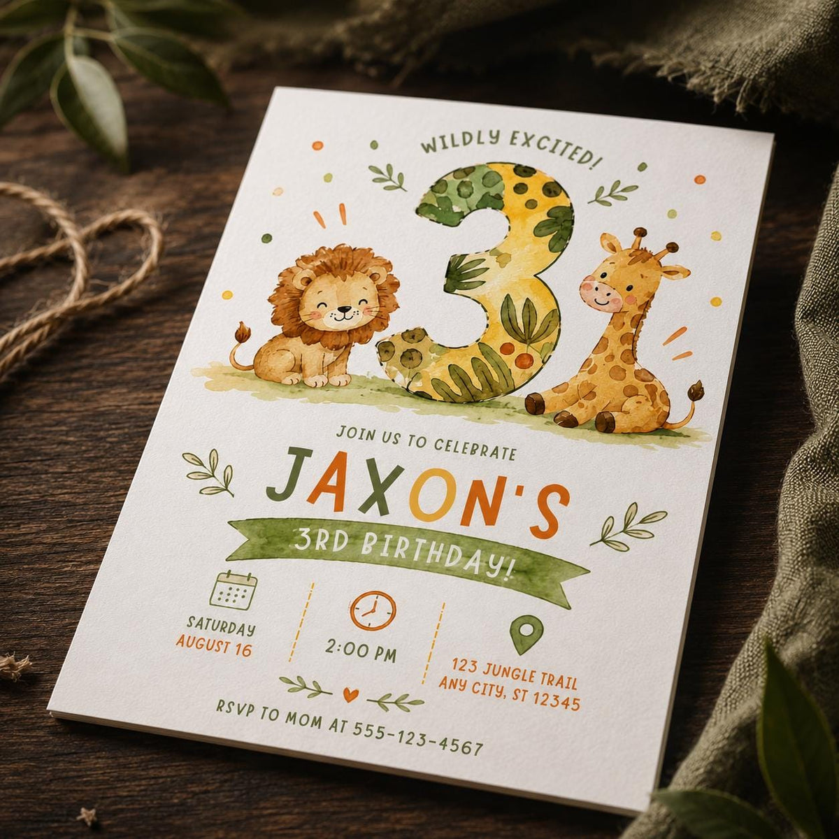 Watercolor Safari 3rd Birthday Invitation for Boys — 3rd birthday party stationery by VoltBy