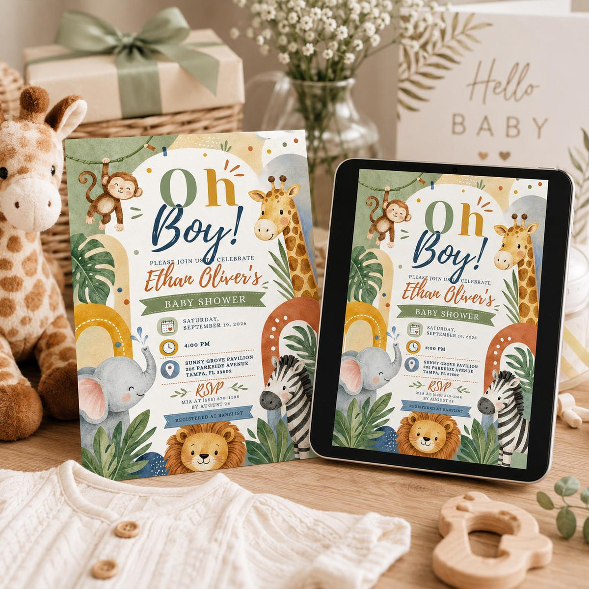 Watercolor Safari Baby Shower Invitation for Boys — invitation you personalize in Canva