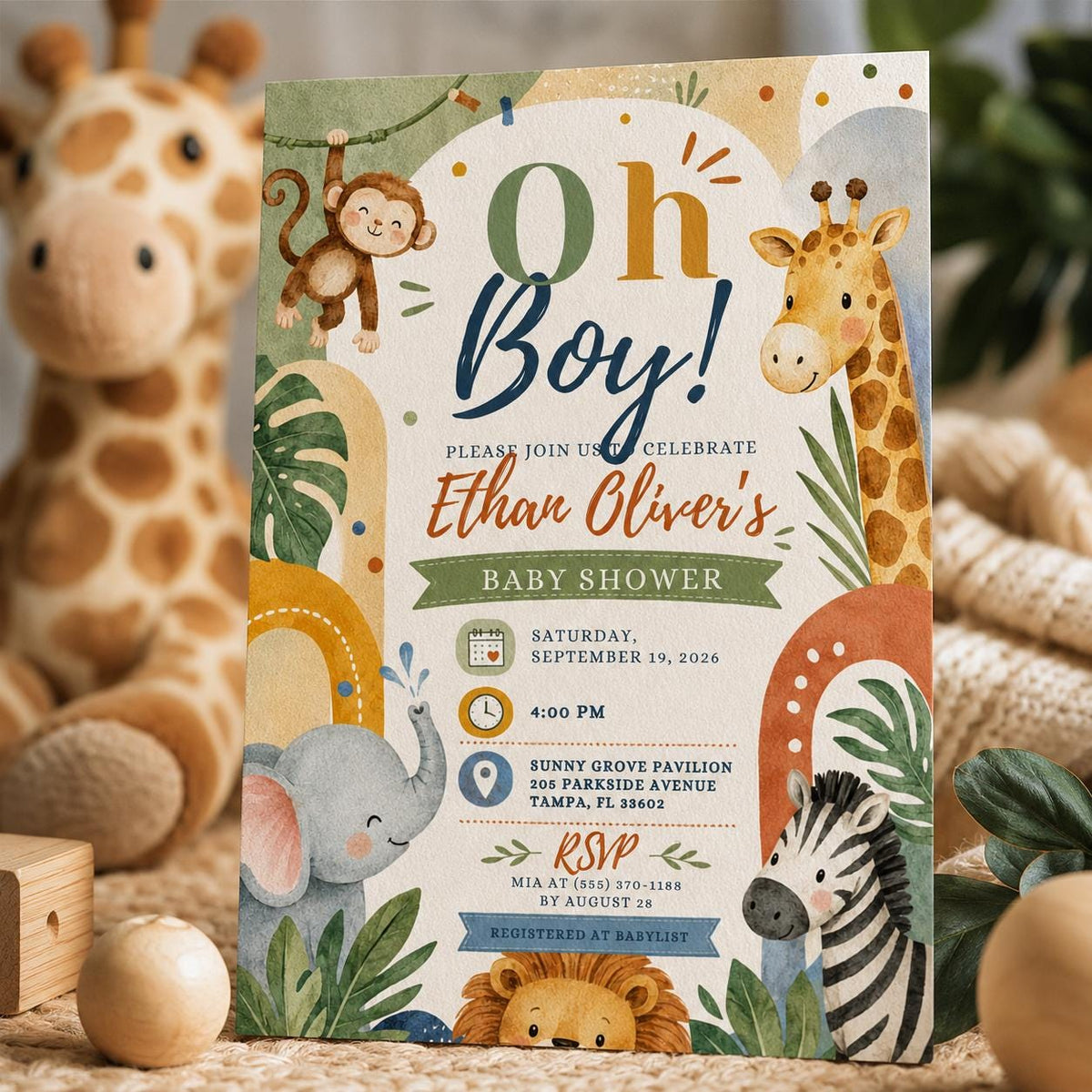 Watercolor Safari Baby Shower Invitation for Boys — print-ready baby shower design from VoltBy