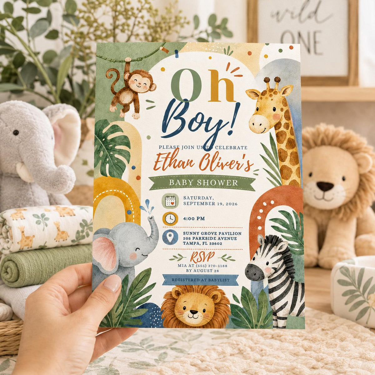 Watercolor Safari Baby Shower Invitation for Boys — baby shower stationery by VoltBy
