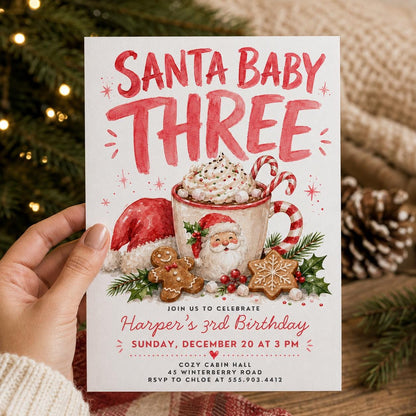 Watercolor Santa Baby Three Christmas 3rd Birthday Invitation — print-ready 3rd birthday party design from VoltBy