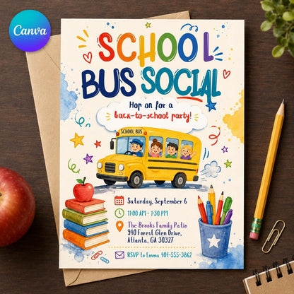 Watercolor School Bus Social Invitation — editable Canva template