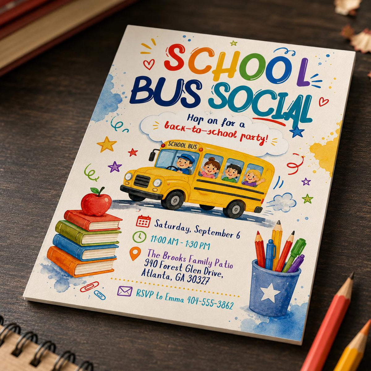 Watercolor School Bus Social Invitation — apple and library artwork in blue and red