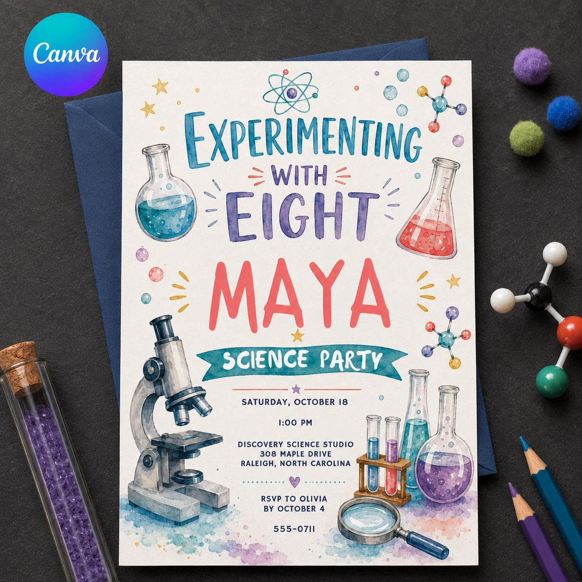 Watercolor Science Birthday Invitation — editable Canva template