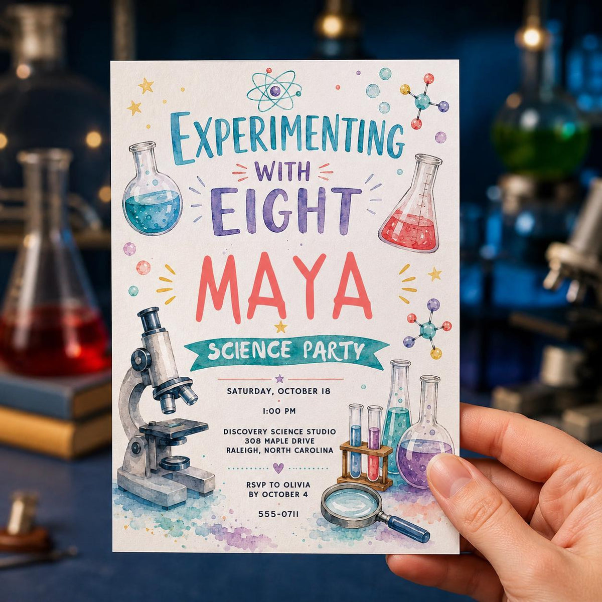 Watercolor Science Birthday Invitation — print-ready birthday party design from VoltBy