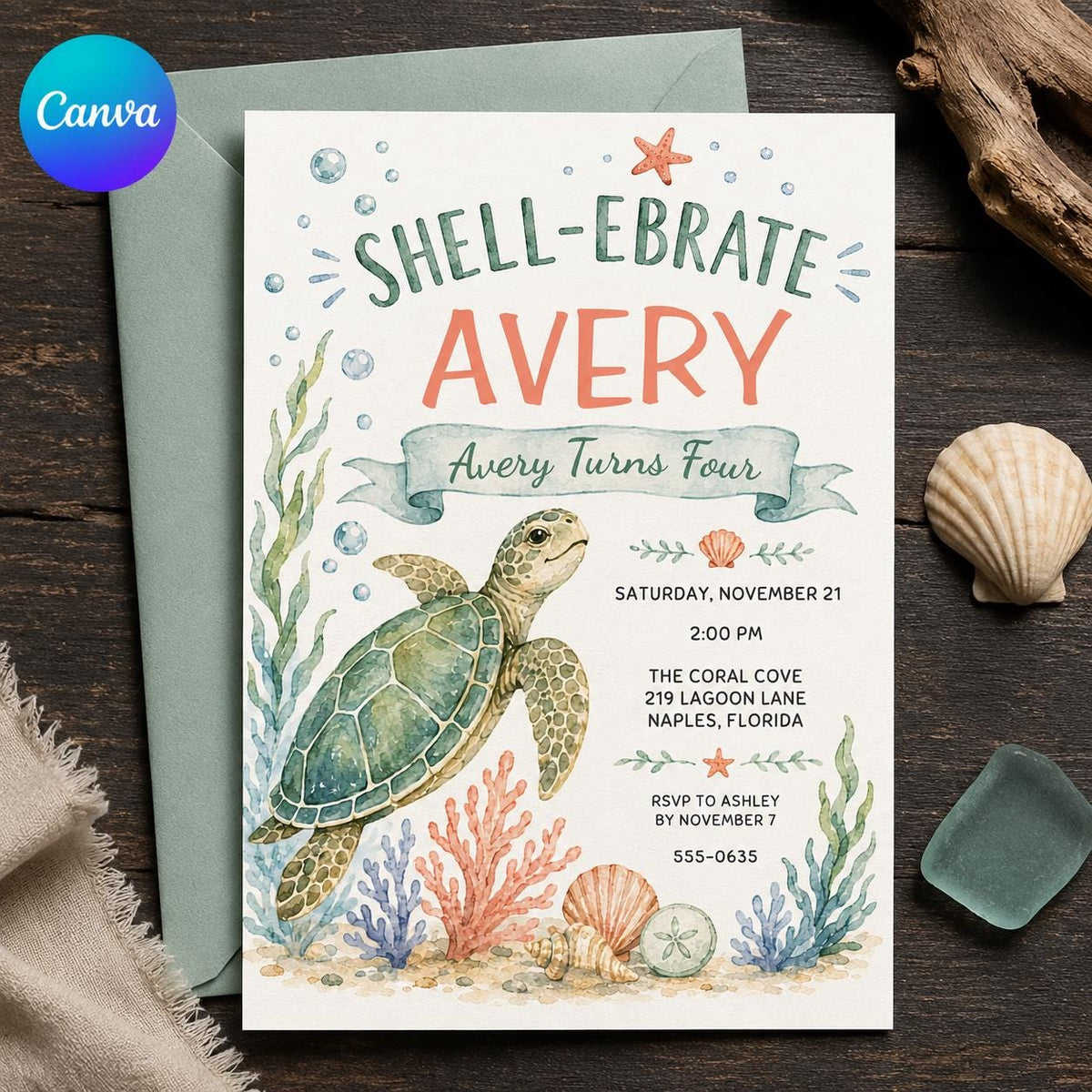 Watercolor Sea Turtle 4th Birthday Invitation — editable Canva template