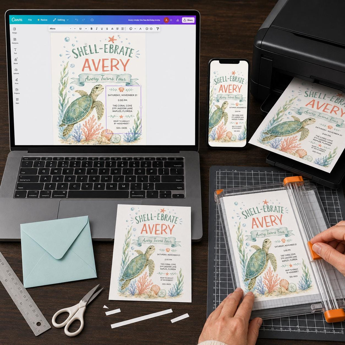 Watercolor Sea Turtle 4th Birthday Invitation — print-ready 4th birthday party design from VoltBy