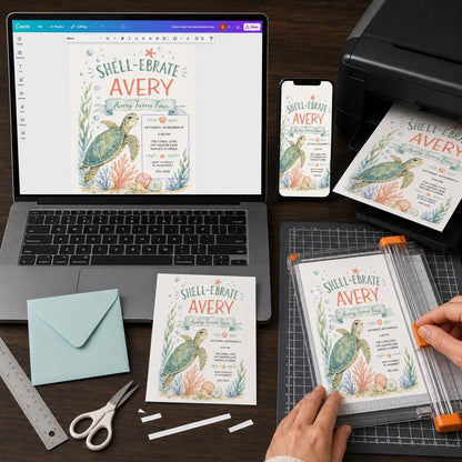 Watercolor Sea Turtle 4th Birthday Invitation — print-ready 4th birthday party design from VoltBy