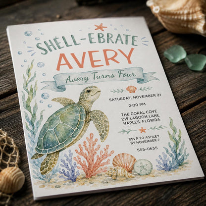 Watercolor Sea Turtle 4th Birthday Invitation — digital invitation, instant download